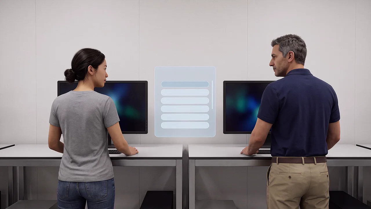 A designer and a developer at two standing desks turn toward each other, a translucent panel floating between their screens.