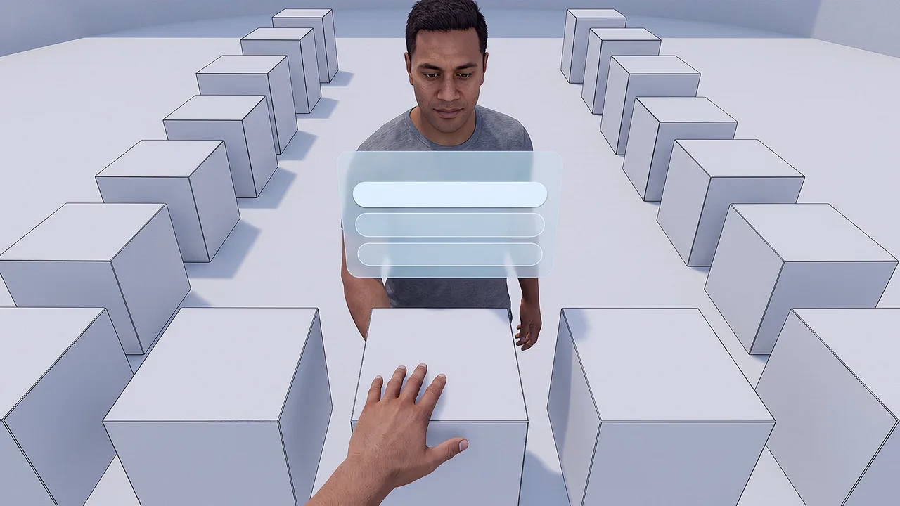 A hand nudges a wireframe block. A first person rapid prototyping scenario for web experiences, seen through the headset.
