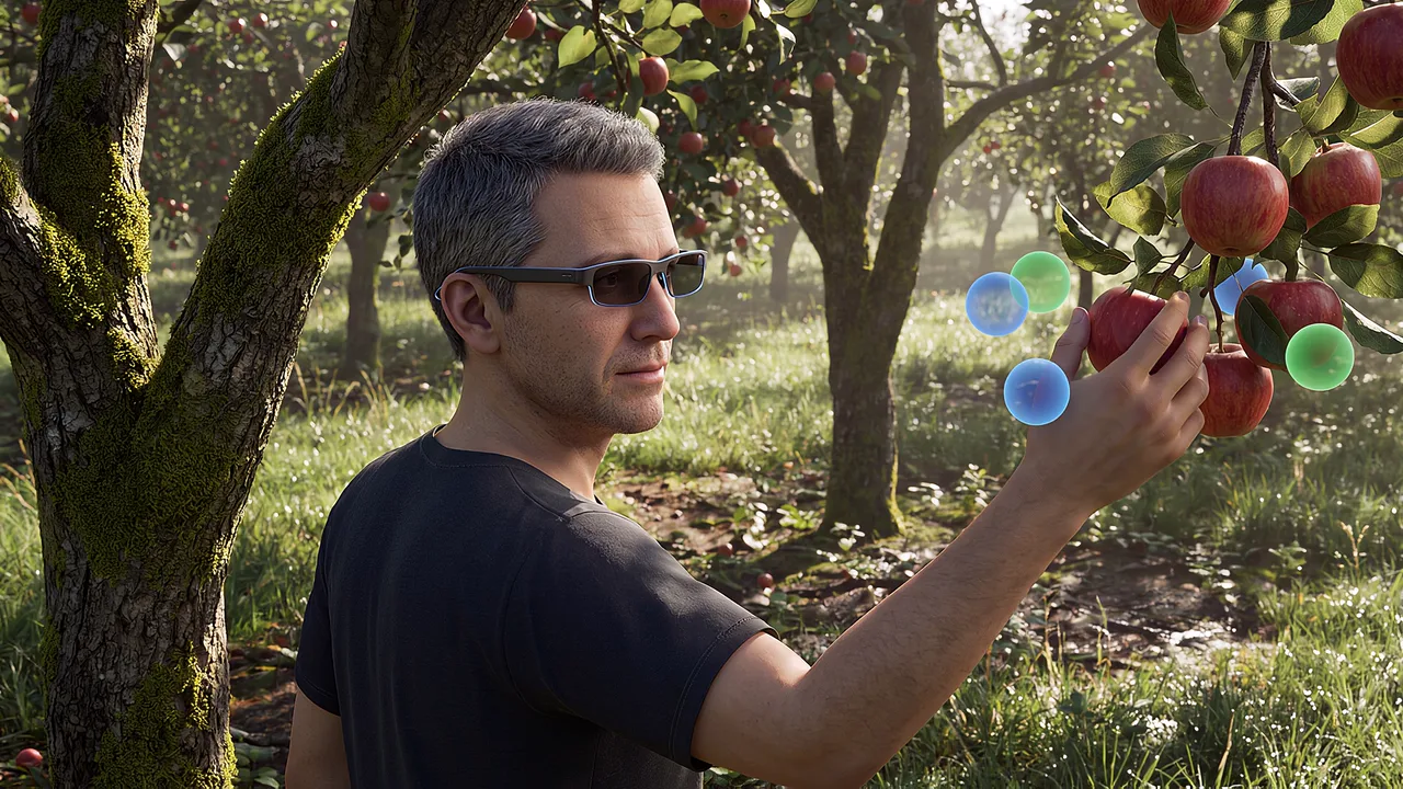 Colour spheres appear among the apples. An agriculture harvest-learning scenario.