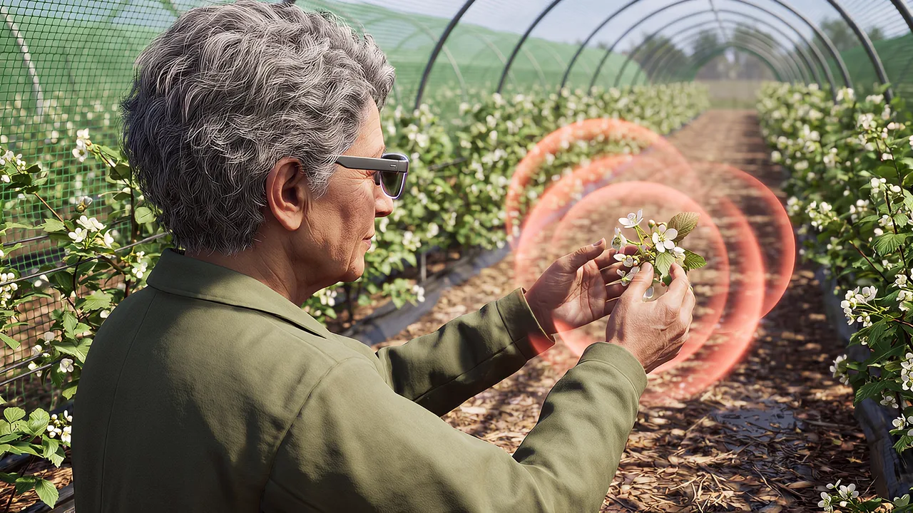 Coral halos glow in berry tunnels. An agriculture pollination scenario.