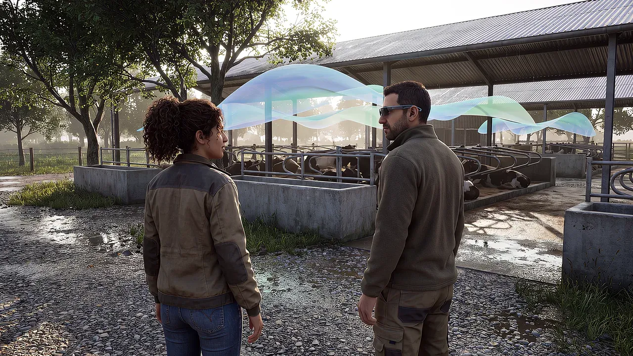 Colour canopies beside a dairy shelter. A VR training scenario for mixed reality.