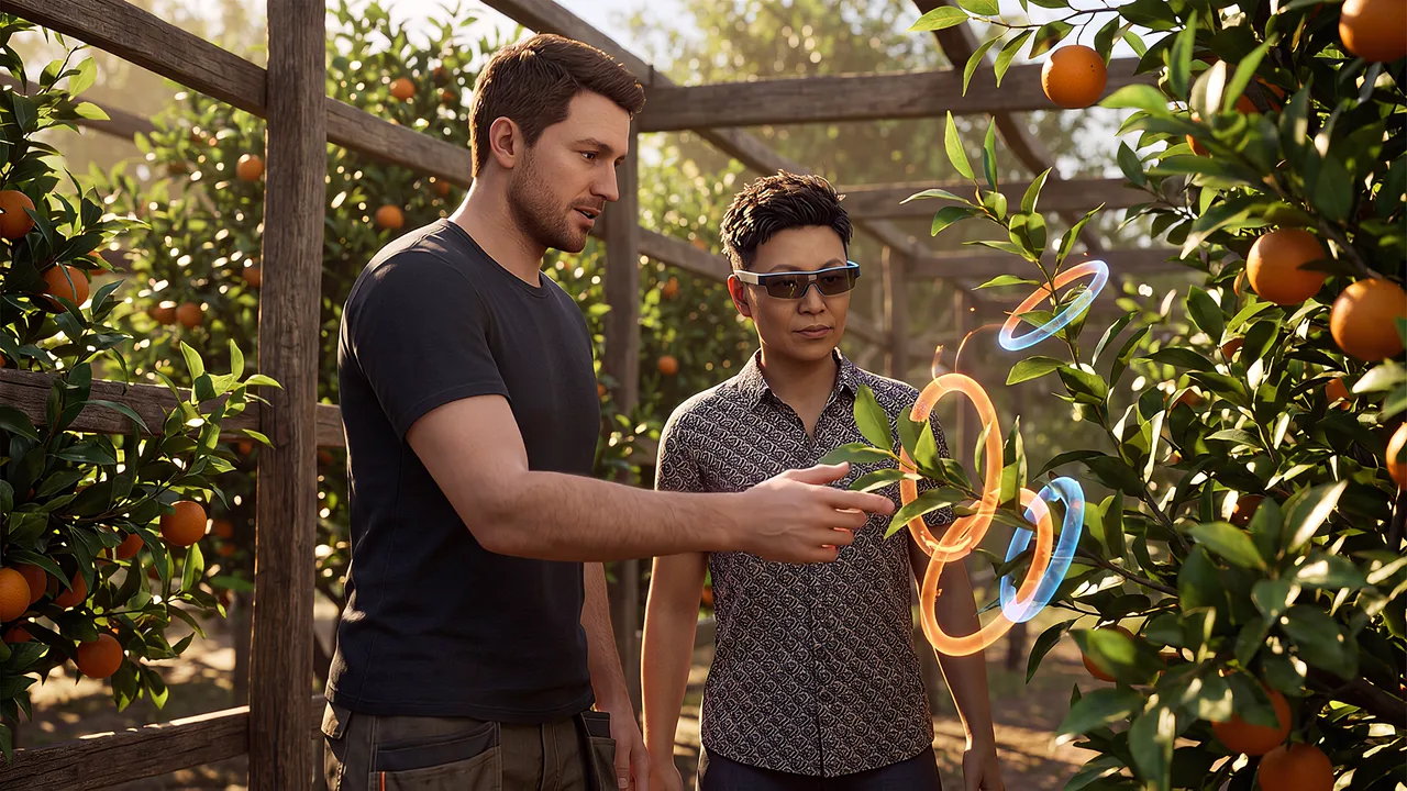 Colour rings among citrus branches. A VR training scenario for mixed reality.