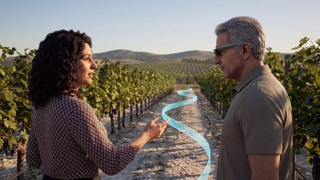 Cyan ribbons through vineyard rows. A VR training scenario for augmented reality.
