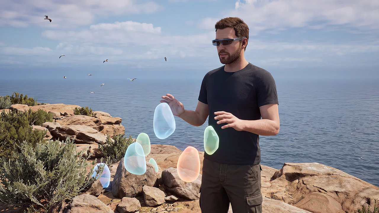 Colour stones across a coastal headland. A VR training scenario for mixed reality.