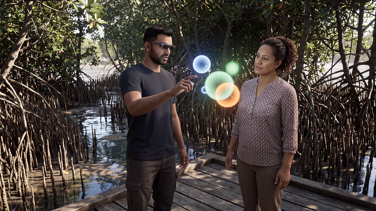 Colour spheres beside the mangroves. A VR training scenario for mixed reality.
