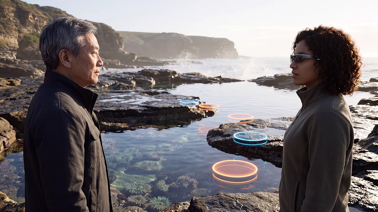 Movement beside bright coastal rockpools. A VR training scenario for mixed reality.