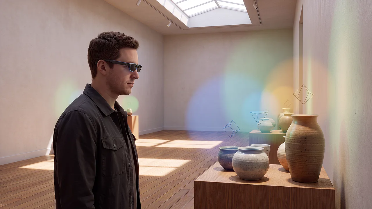 Colour halos surround gallery ceramics. A VR training scenario for augmented reality.