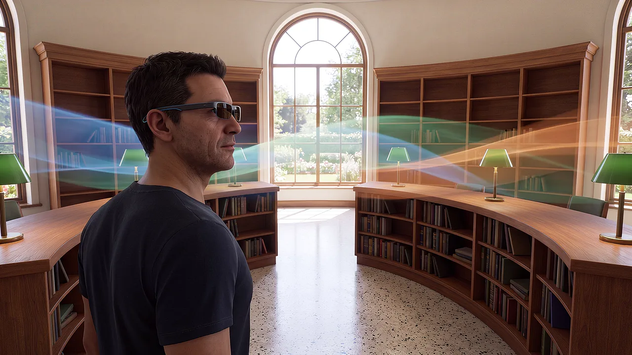 Colour ribbons trace a library rotunda. A VR training scenario for augmented reality.