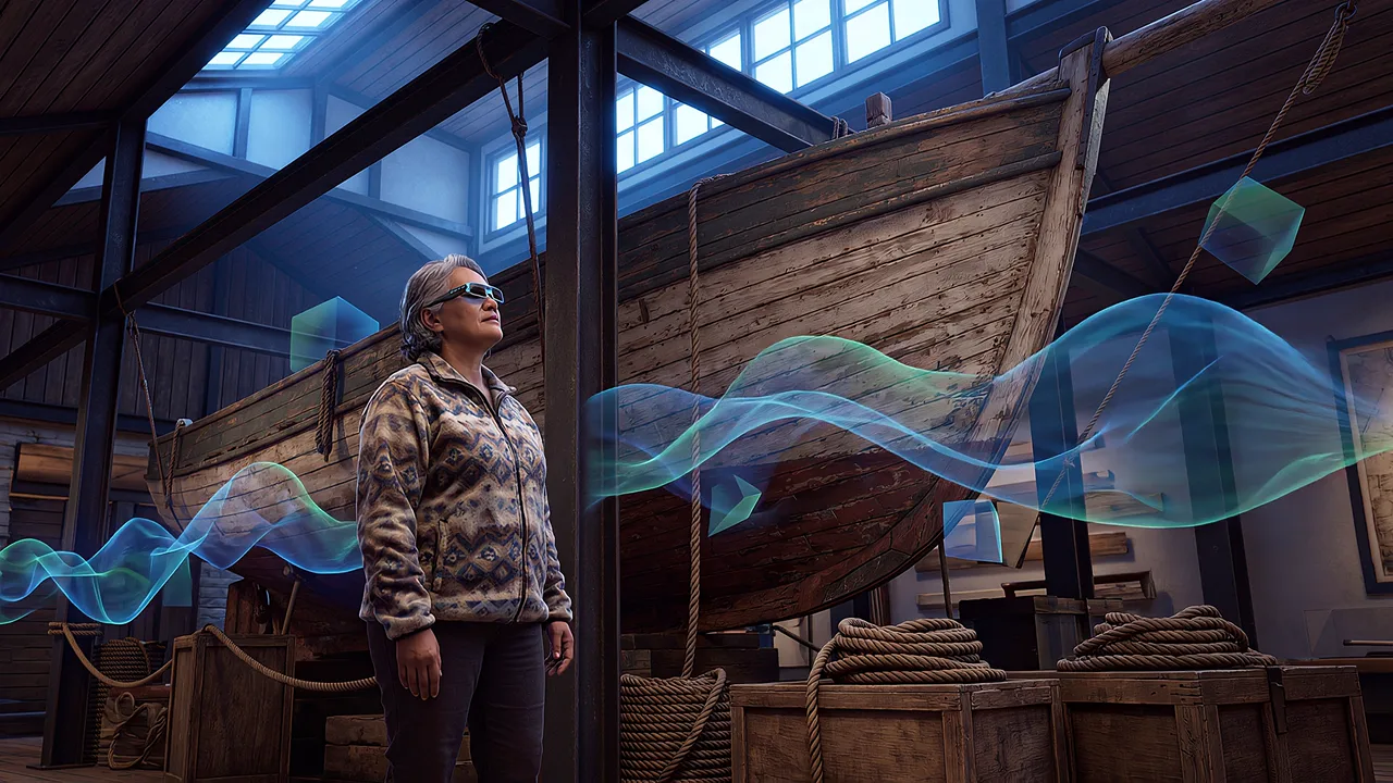 Translucent waves surround a timber boat. A VR training scenario for mixed reality.