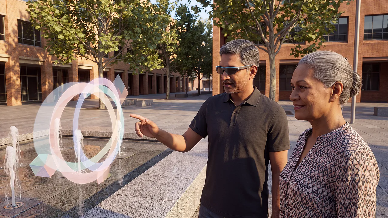 Colour rings hover above the fountains. A VR training scenario for augmented reality.