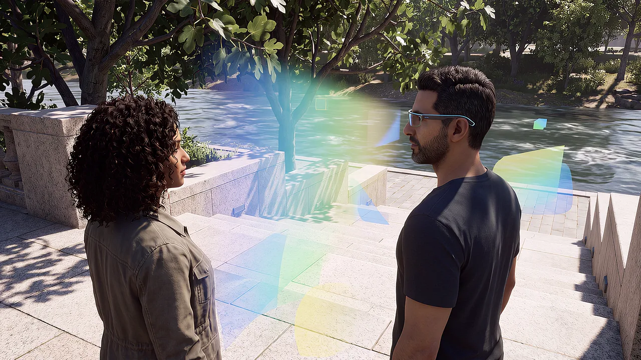 Colour gradients cross the granite blocks. A VR training scenario for augmented reality.