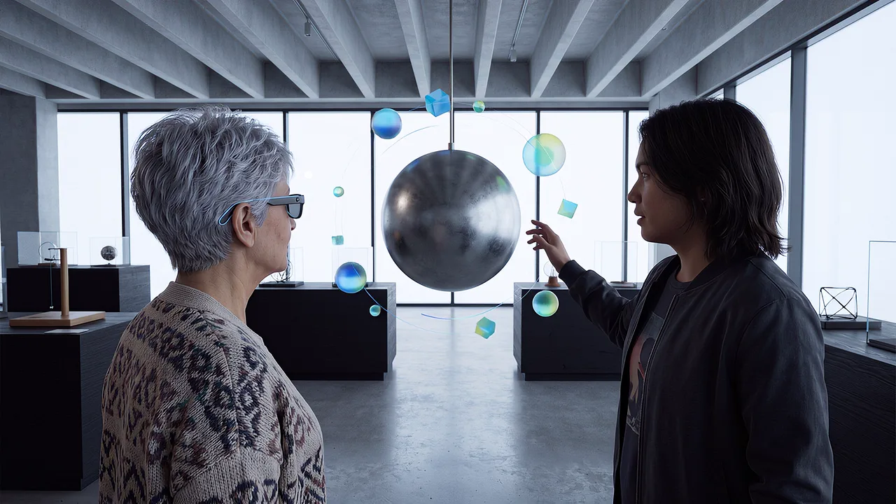 Colour orbs surround a metal sphere. A VR training scenario for education.
