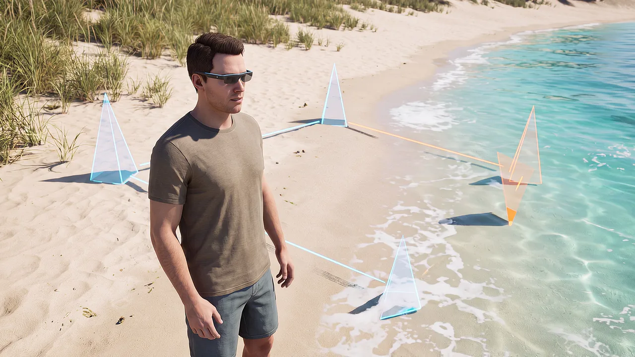 Guide markers rise from beach sand. A VR training scenario for mixed reality.