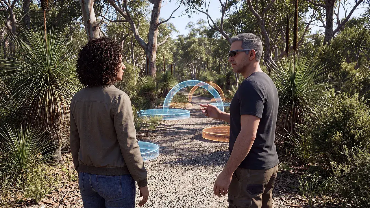 Colour steps line a bush track. A VR training scenario for mixed reality.
