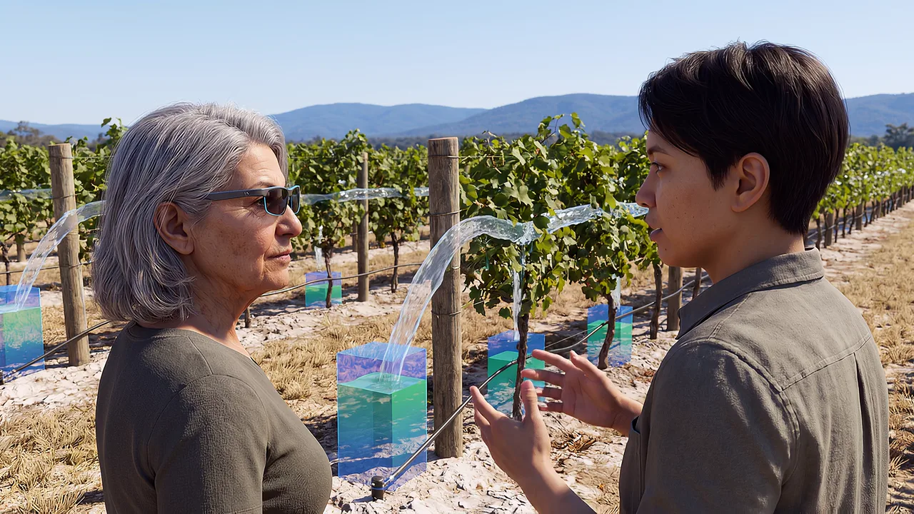 Colour streams fill vineyard rows. A VR training scenario for mixed reality.