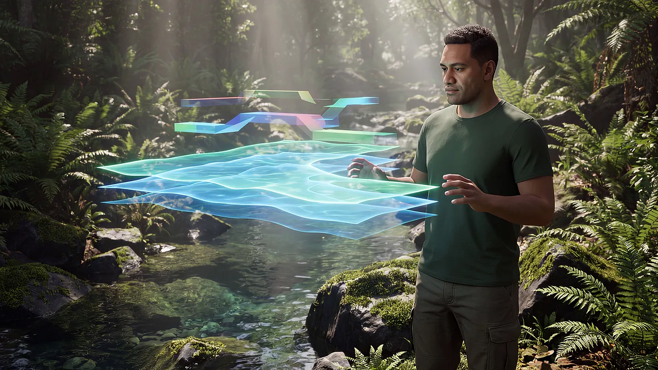 A man beside a rainforest stream reaches toward a floating overlay of water and terrain data, no headset in view. A VR training scenario for augmented reality.