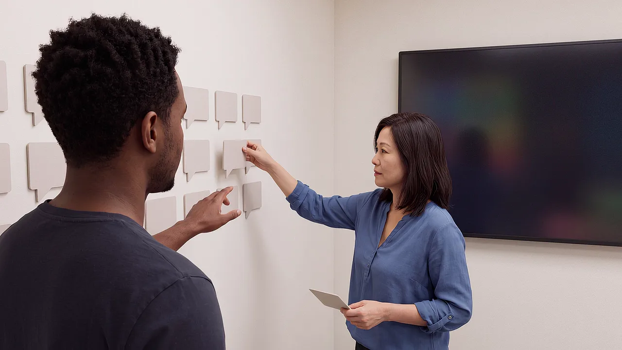 Two people select speech tiles by a display. A VR training scenario for People Tech Revolution.