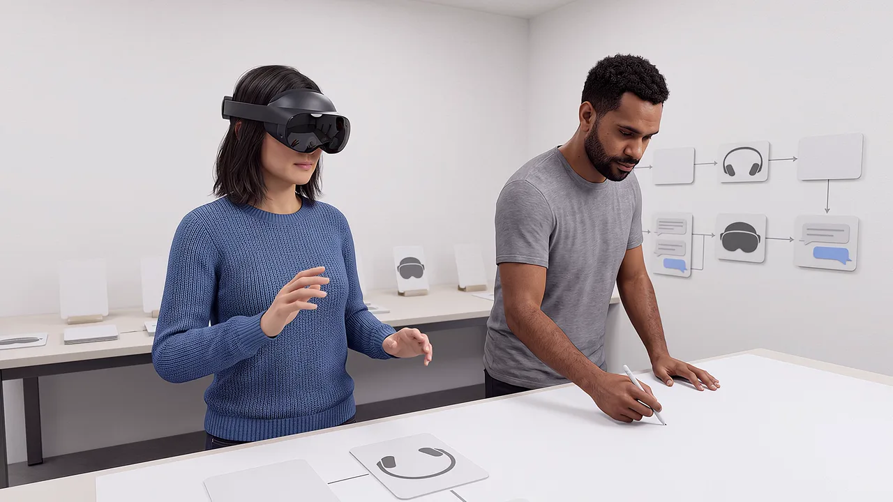 Two people arrange media around a human figure. A VR training scenario for our story.
