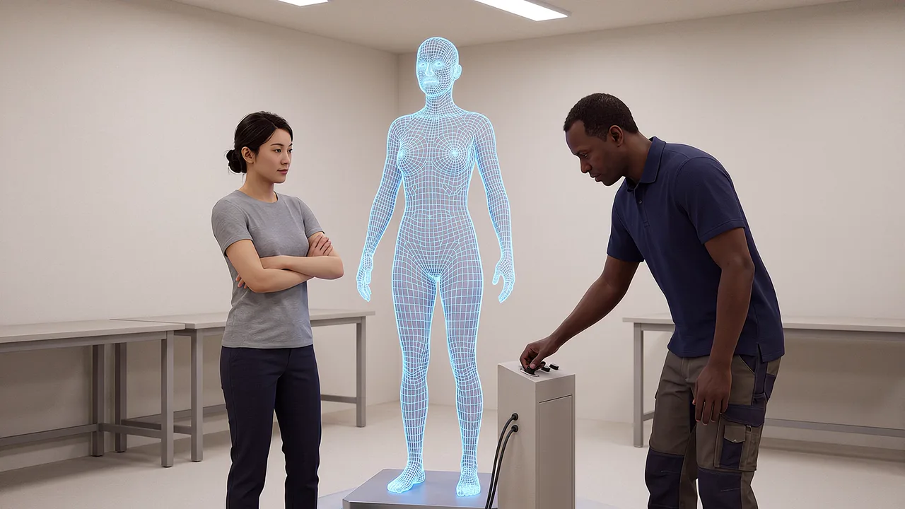 Two people shape a glowing digital character standing on a plinth between them.