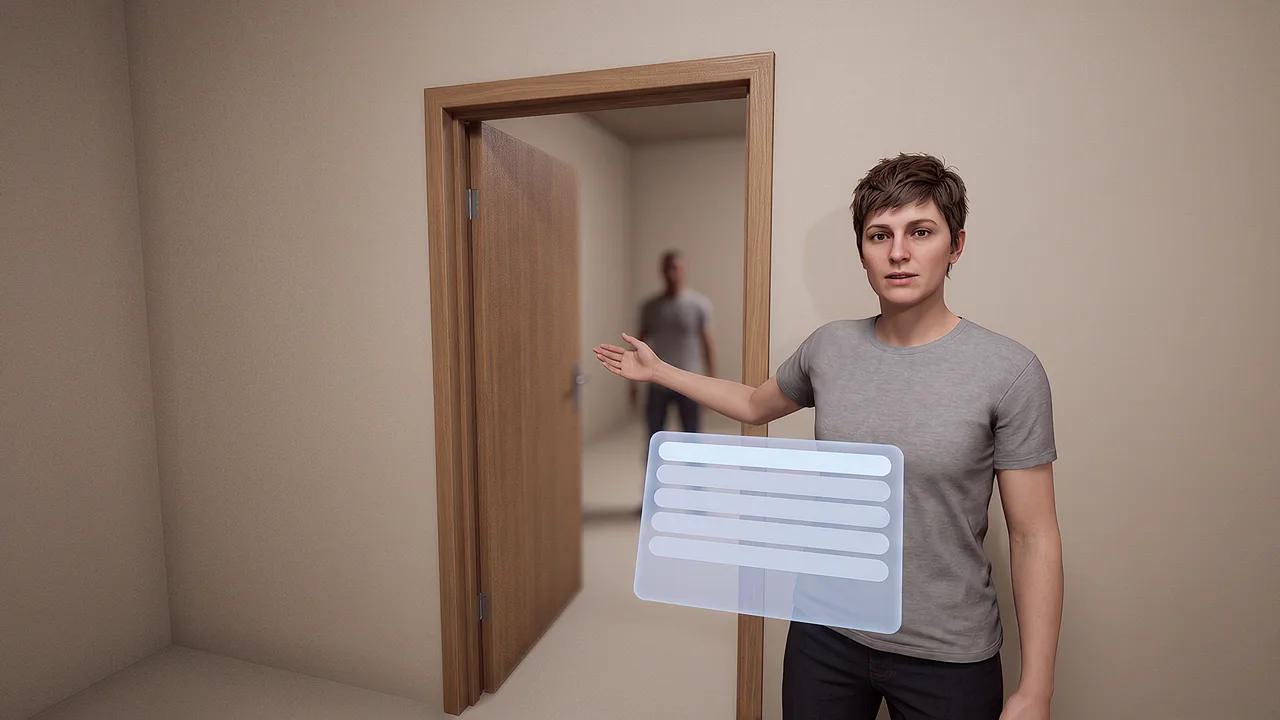 A woman gestures toward an open doorway where a colleague waits, the moment a visitor moves from the twin to the real person.