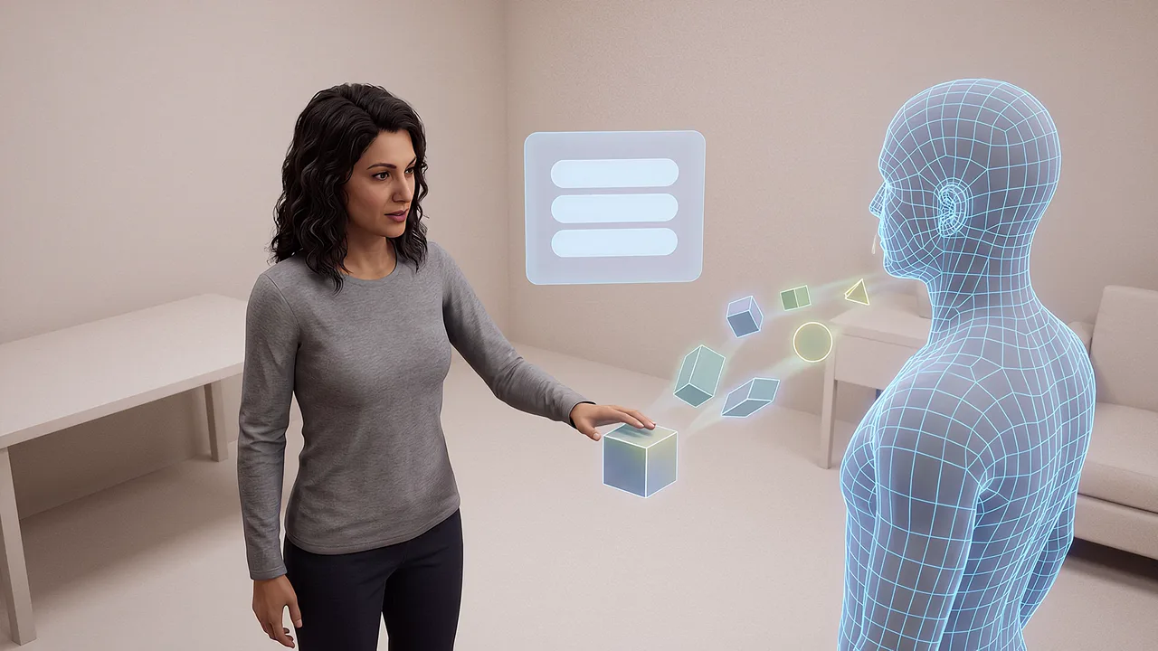 A woman hands a labelled block toward a wireframe figure beside a floating notes panel, adding a piece of approved knowledge to a twin.