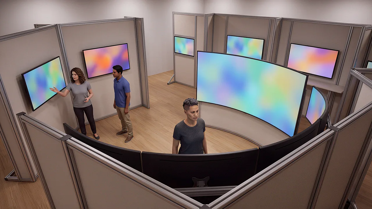 Three people rotate between session zones. A rapid prototyping scenario for fast builds, from idea to working product.