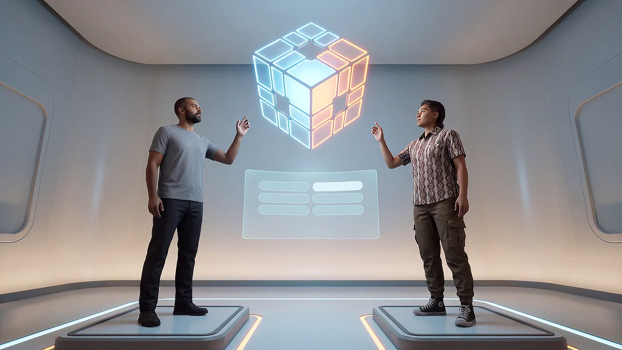 Two players control a suspended shape. A first person rapid prototyping scenario for games and interactive experiences, seen through the headset.