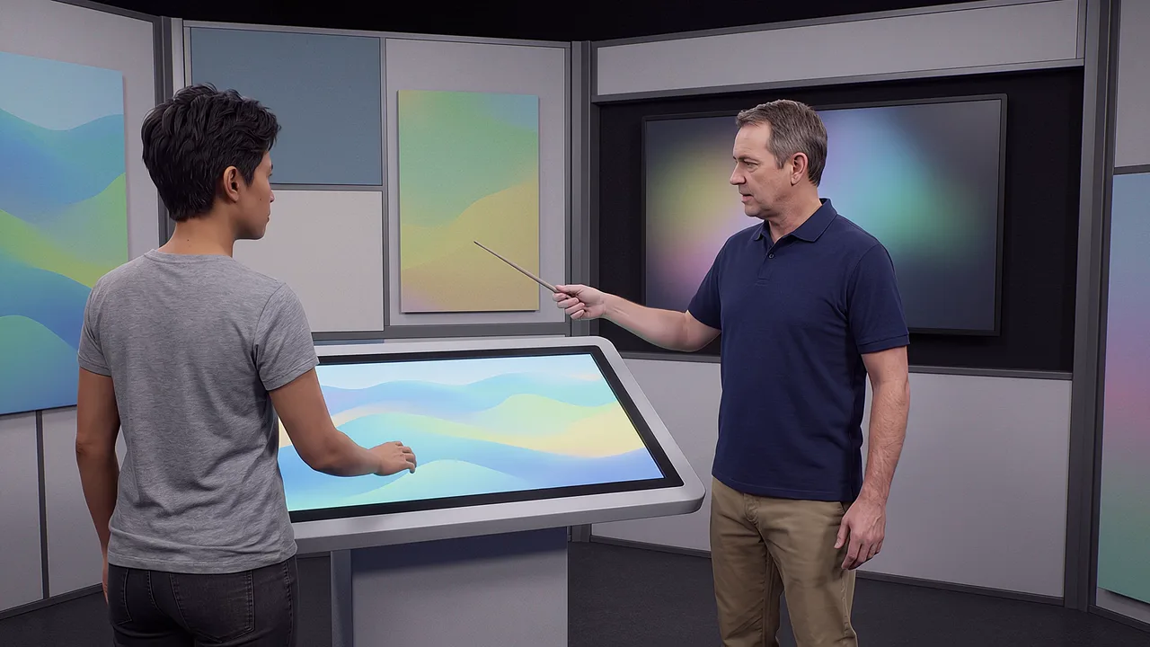 Two people stand at a large touch table showing a browser build, one pointing at the screen, in a bright studio. A scene for PTR's web experiences.
