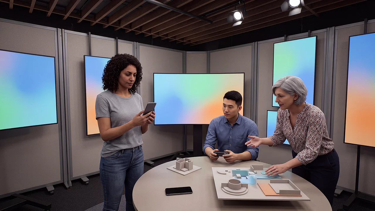 Three people around a round table compare the same build on a phone, a tablet and a laptop, with a wall display behind them. A scene for PTR's web experiences.