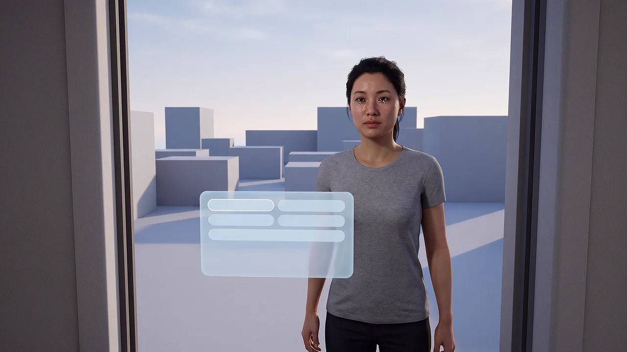 A woman in a plain room reaches toward a floating notes panel, a doorway open behind her onto a courtyard of grey blocks. A rapid prototyping scenario for fast builds.