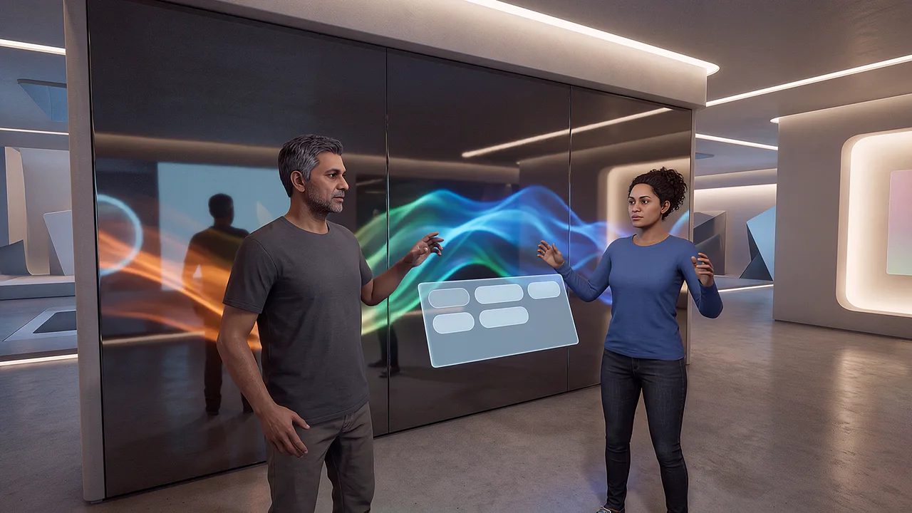 A man and a woman stand either side of a glass panel that reflects the room around them, coloured light moving between their hands. A rapid prototyping scenario for fast builds.