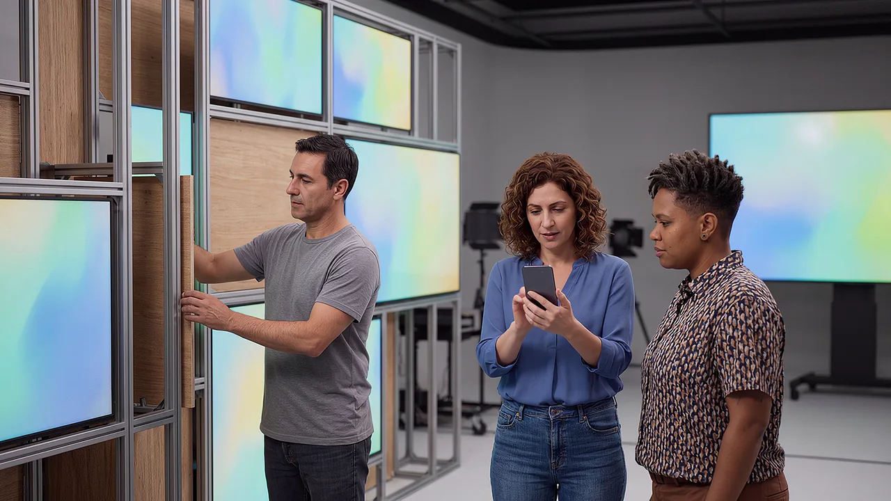 A woman checks a mobile build on her phone while a colleague watches and a third adjusts a wall screen.