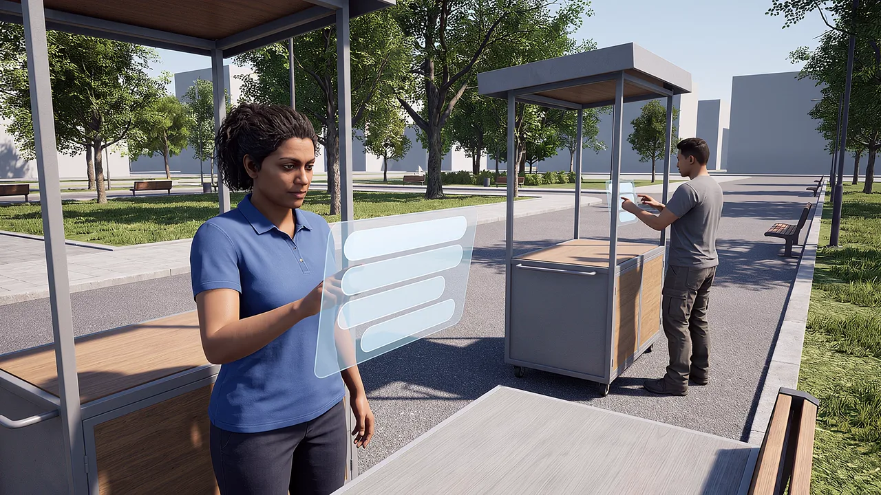 Two users move between mobile checkpoints. A first person rapid prototyping scenario for mobile experiences, seen through the headset.