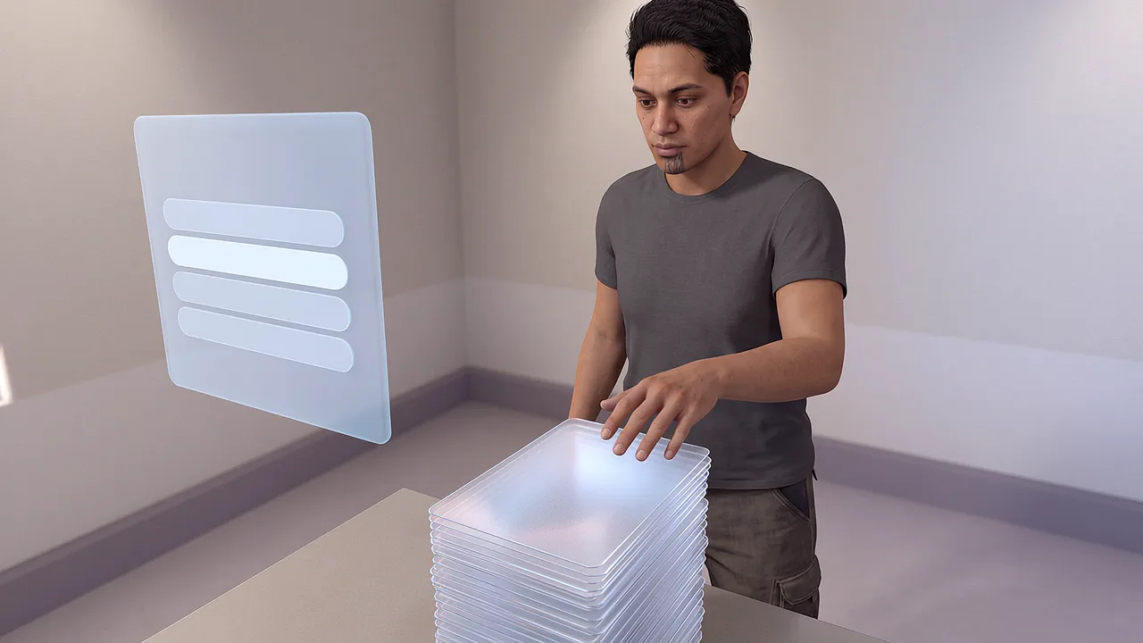 A person stands beside stacked translucent portrait cards. A first person rapid prototyping scenario for mobile experiences, seen through the headset.