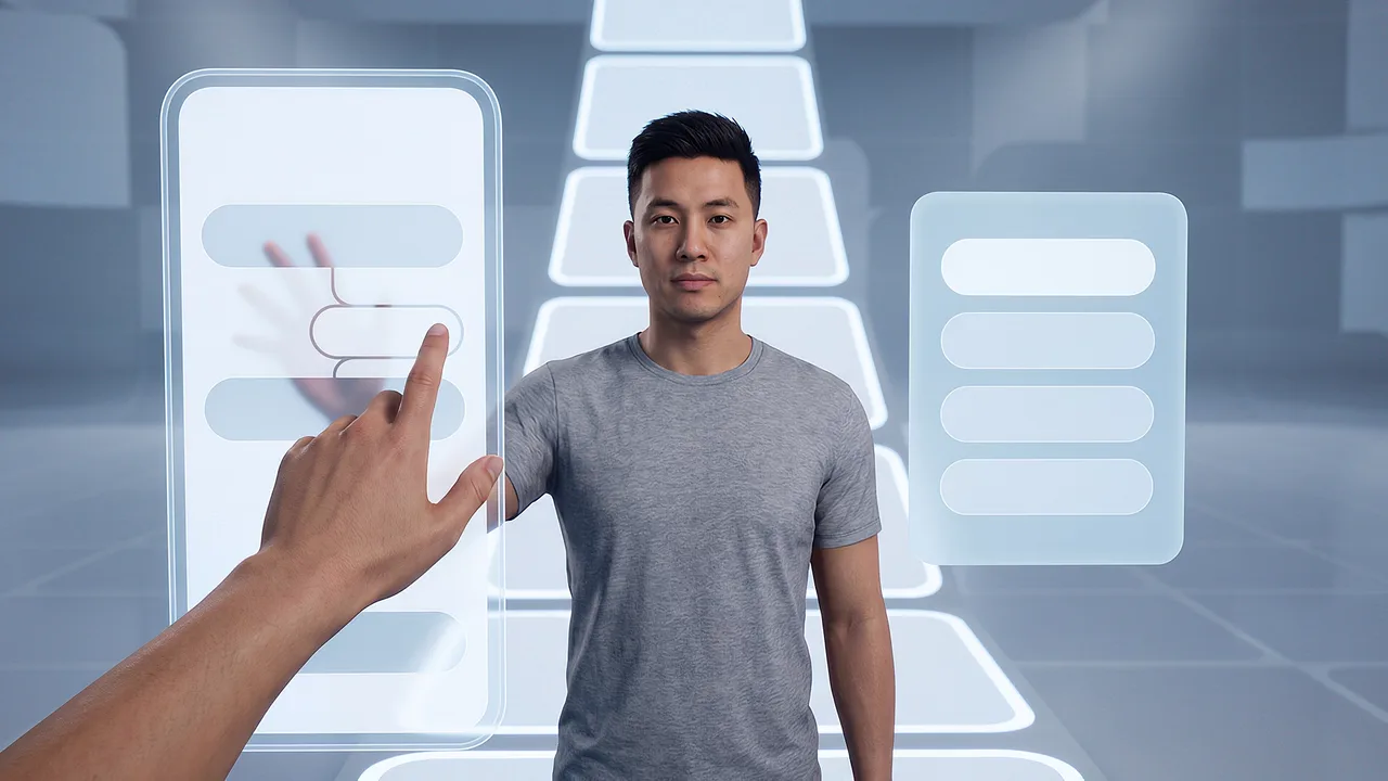 A person swipes a large card. A first person rapid prototyping scenario for mobile experiences, seen through the headset.