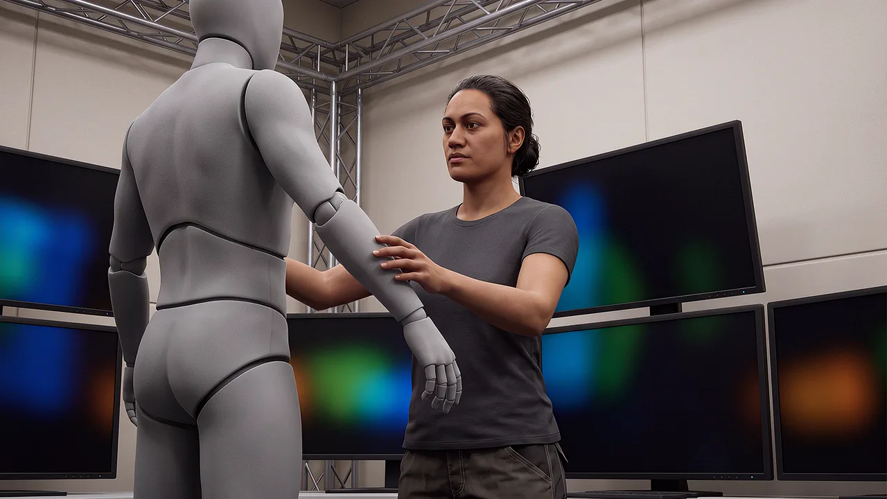 A builder adjusts the arm of an untextured figure beside a bank of screens.