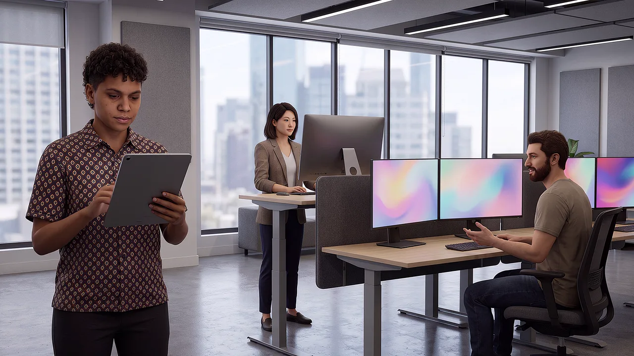Builders stand among desktop stations. A rapid prototyping scenario for fast builds, from idea to working product.