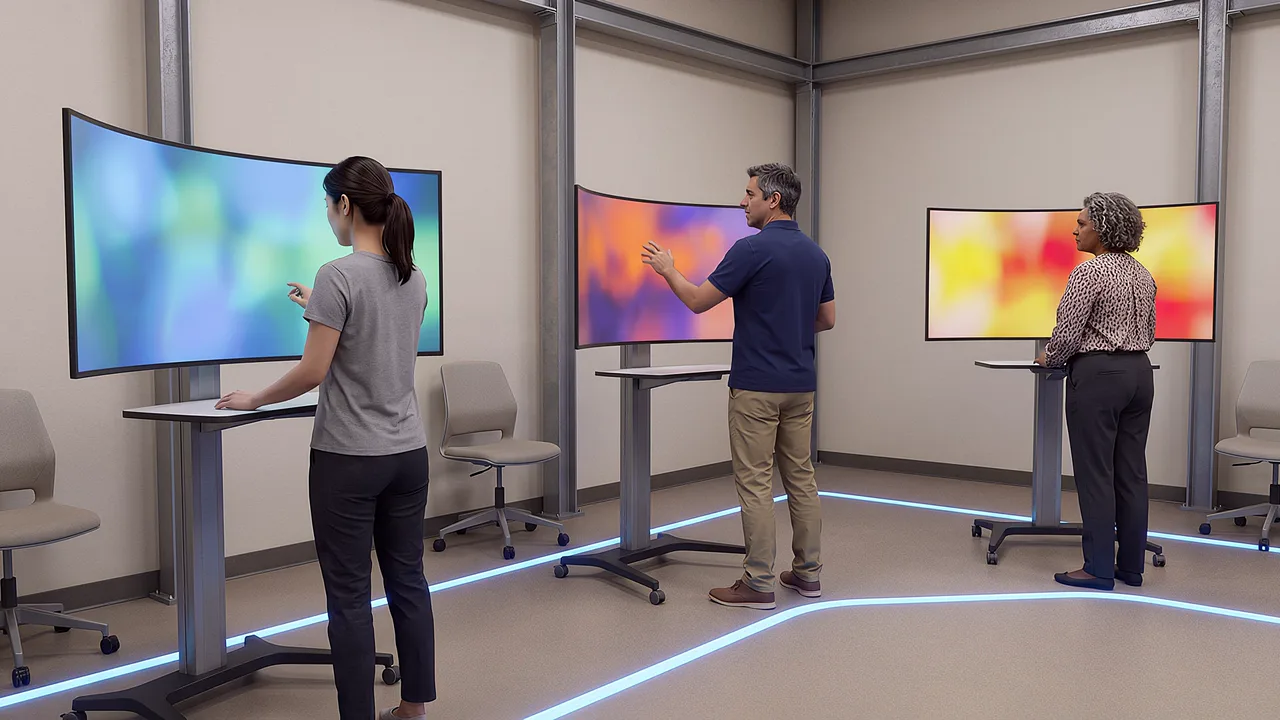 Three reviewers try a web build on large browser screens in a studio.