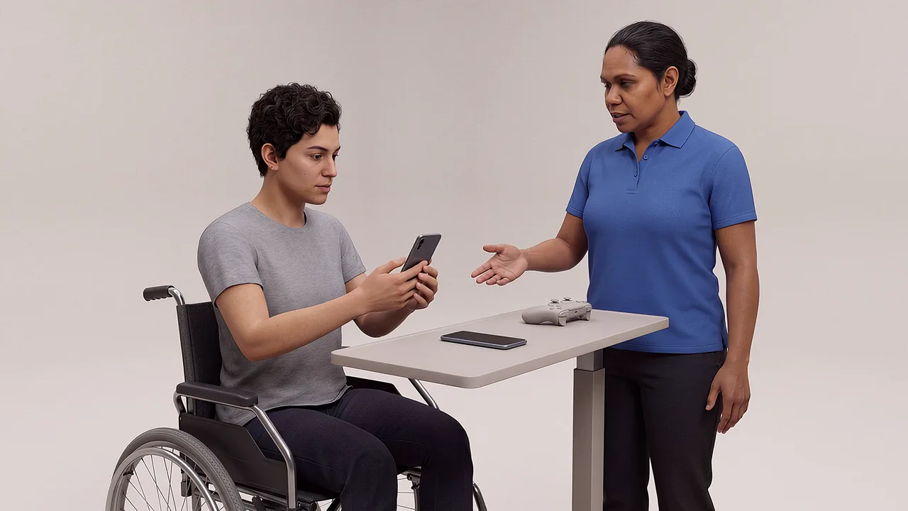 A wheelchair user compares access methods. A VR training scenario for XR and AI concepts explained simply.