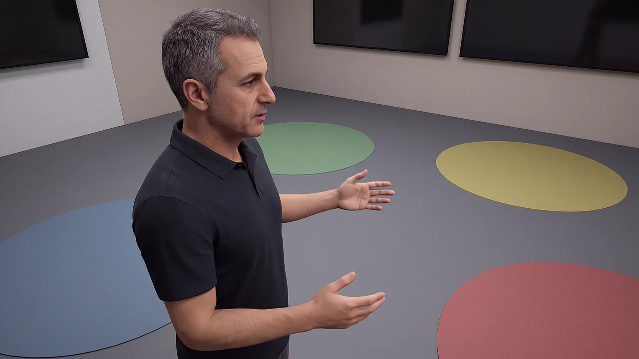 A man explains the options marked out on the floor of a decision room.