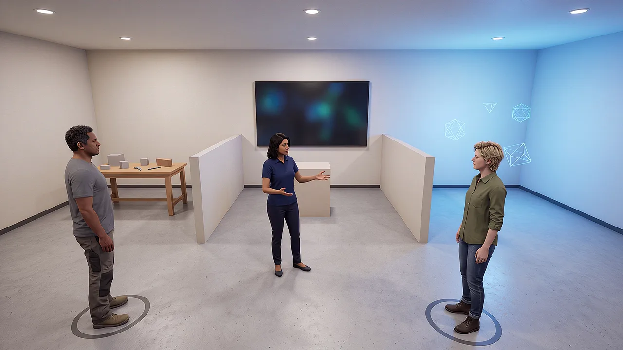 Three people compare three different spaces. A VR training scenario for XR and AI concepts explained simply.