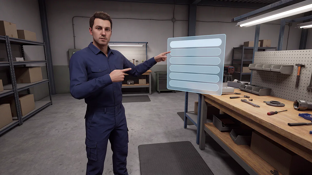 A technician stands by an overlay. A first person VR training scenario for XR and AI concepts explained simply, seen through the headset.