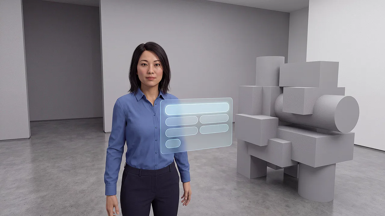 A guide stands beside a life-size model. A first person VR training scenario for XR and AI concepts explained simply, seen through the headset.