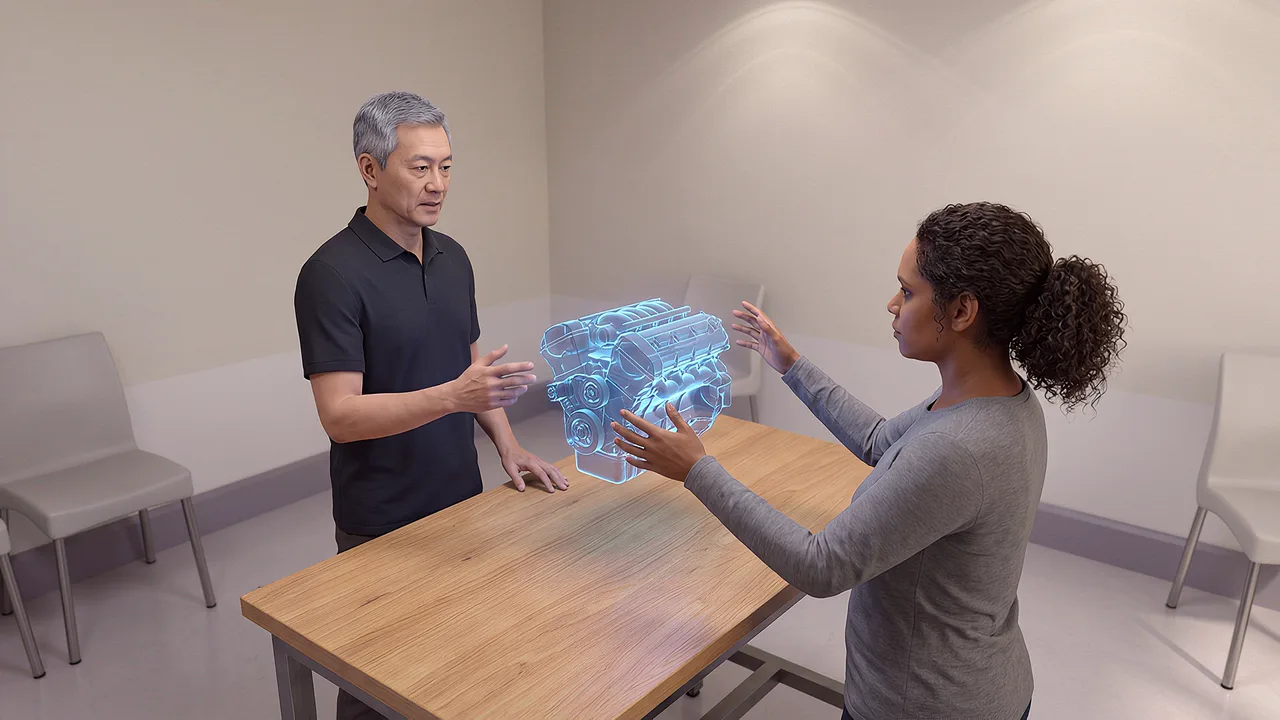 Two people examine a worktable component. A VR training scenario for XR and AI concepts explained simply.