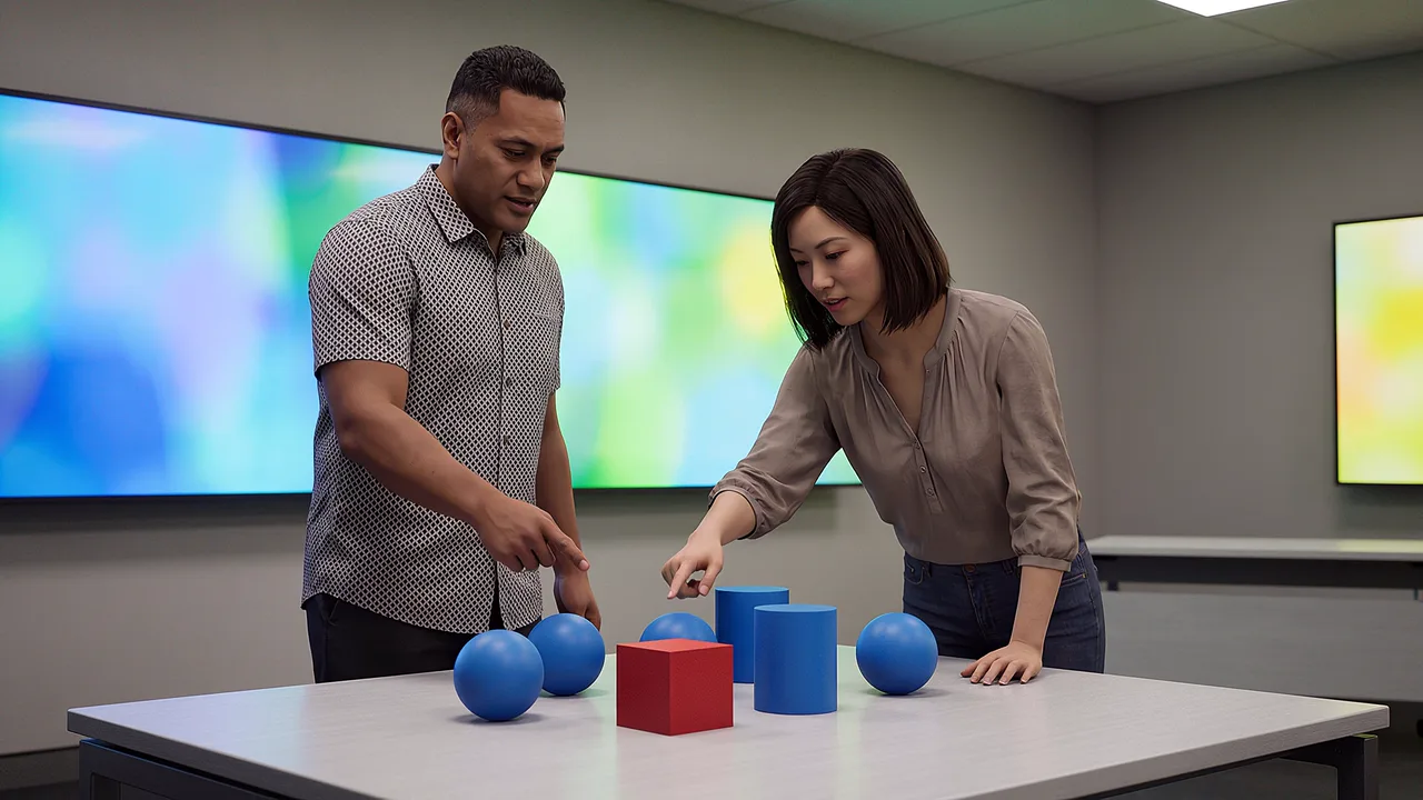 Two people inspect one contrasting shape. A VR training scenario for what is AI.