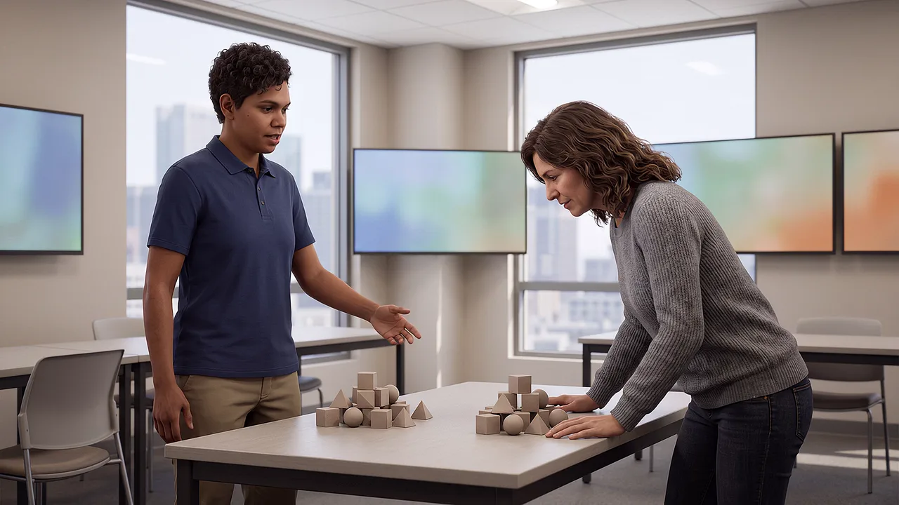 Two people examine uneven training groups on a display.