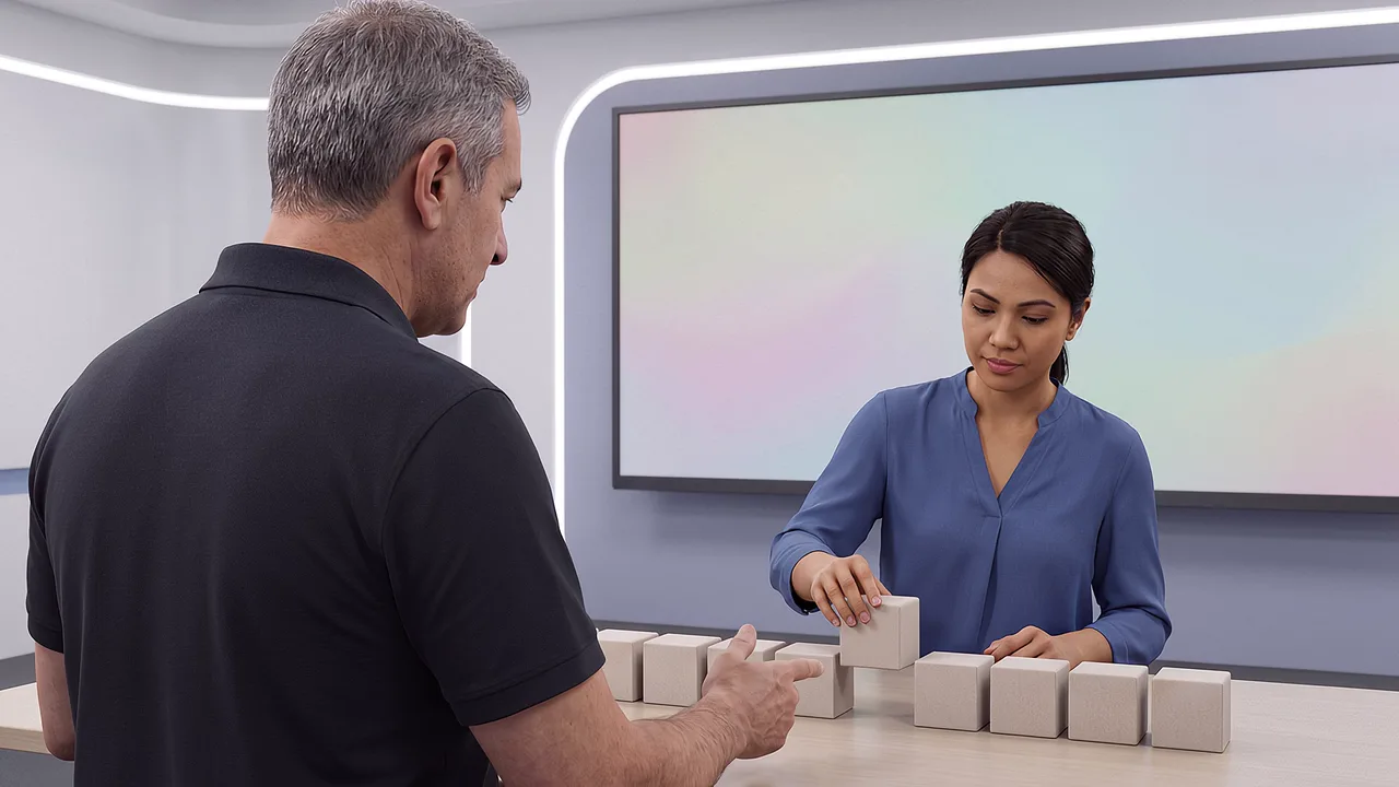 A learner adds a block beside a facilitator. A VR training scenario for what is AI.