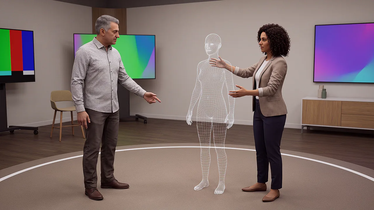 Designers stand either side of a wireframe figure.