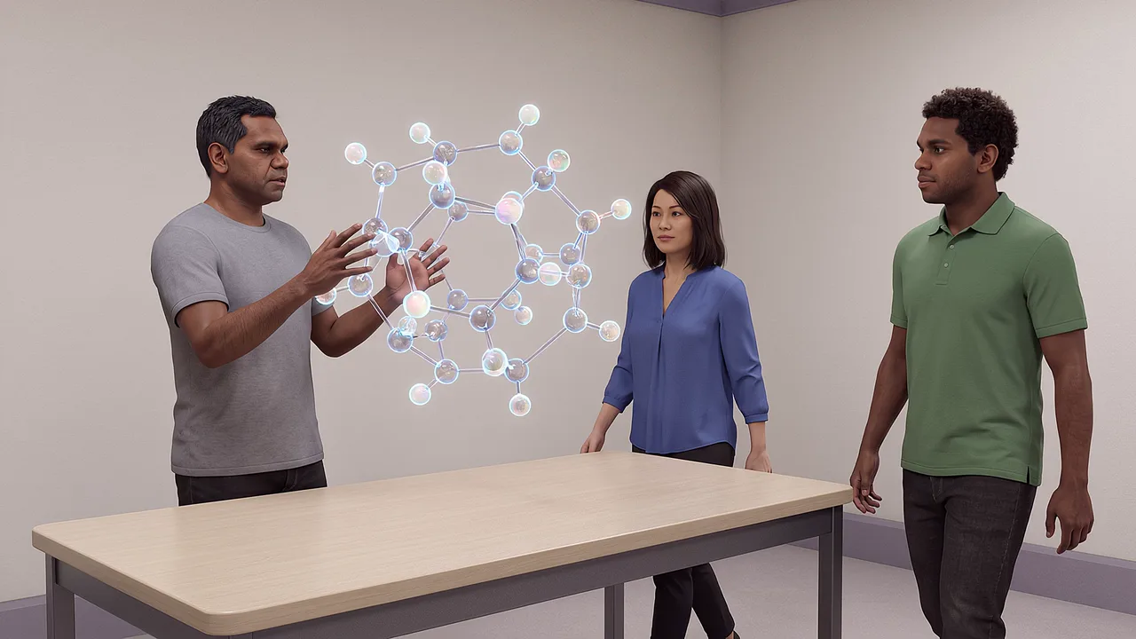 Three people inspect a molecular model. A VR training scenario for what is augmented reality.