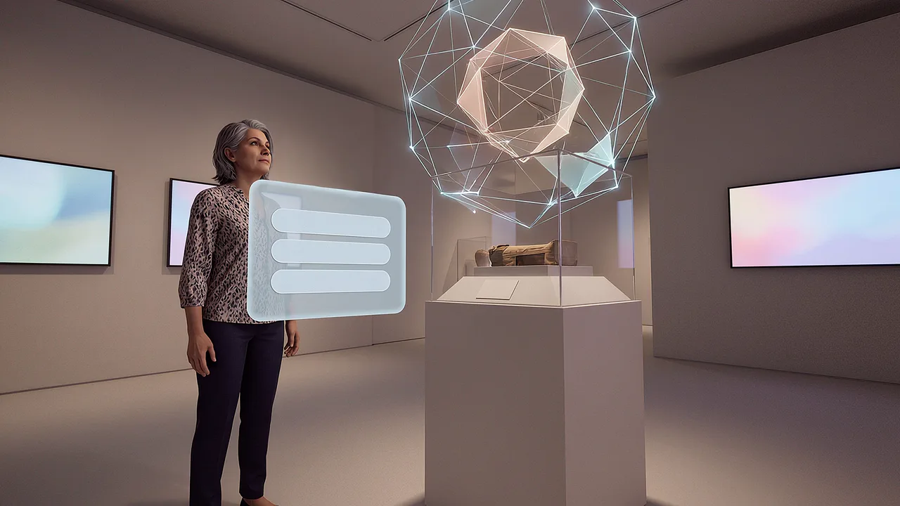 A visitor stands beside an exhibition layer. A first person VR training scenario for what is augmented reality, seen through the headset.